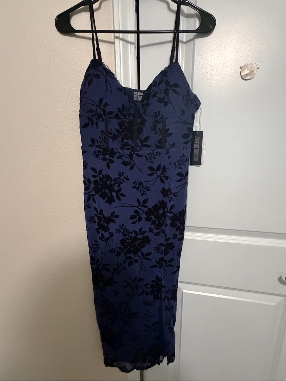 Derek Heart Navy Blue Midi Slip Dress with Black Floral Burnout